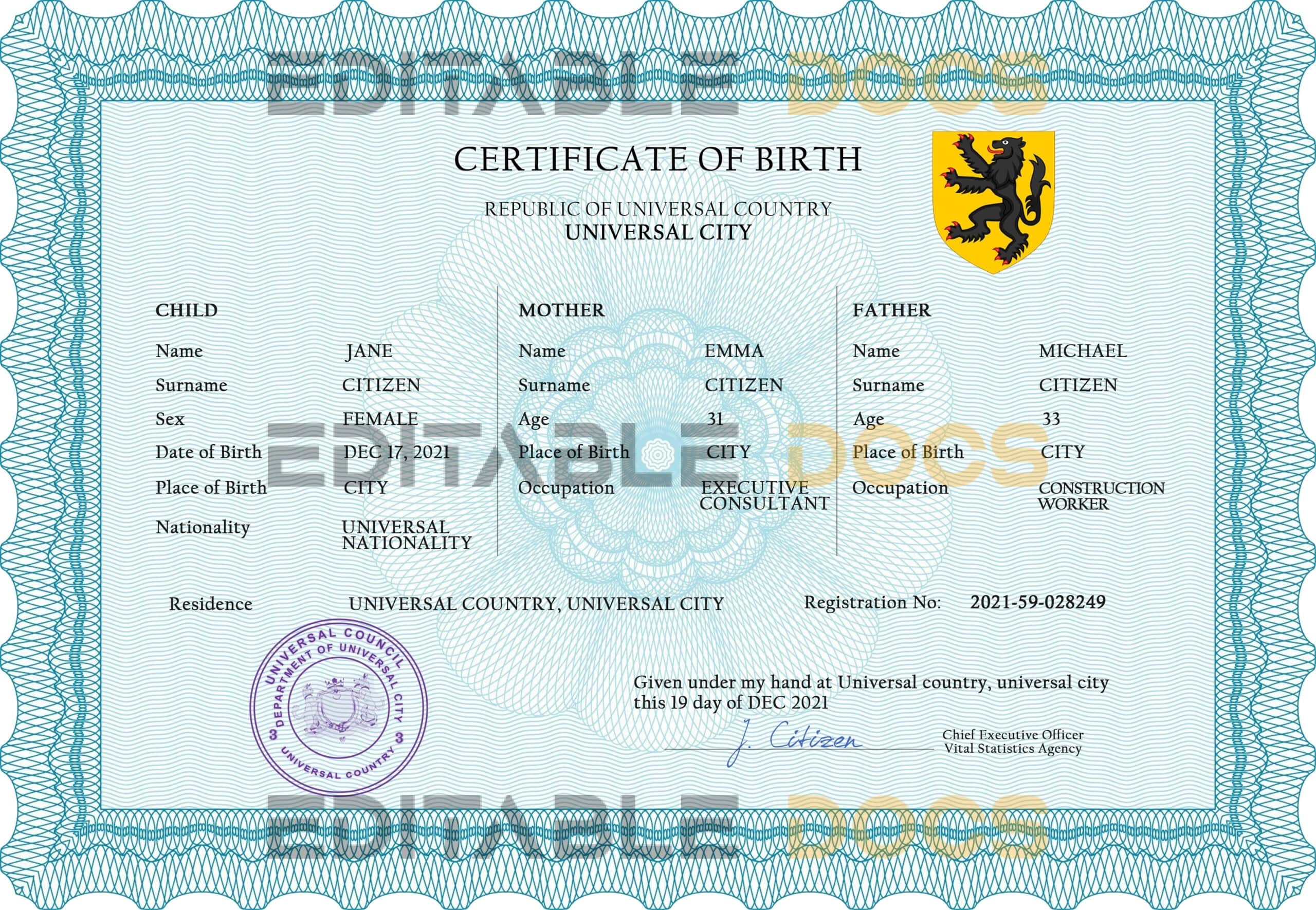Authentic voice universal Birth Certificate PSD Template