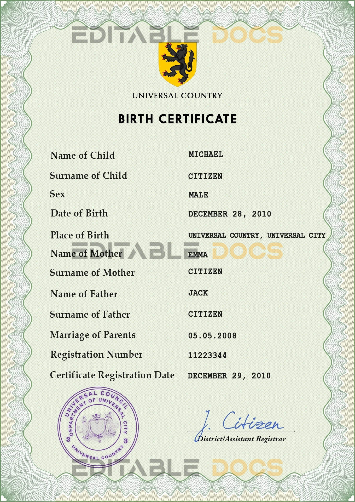 Authentic wisdom universal Birth Certificate PSD Template