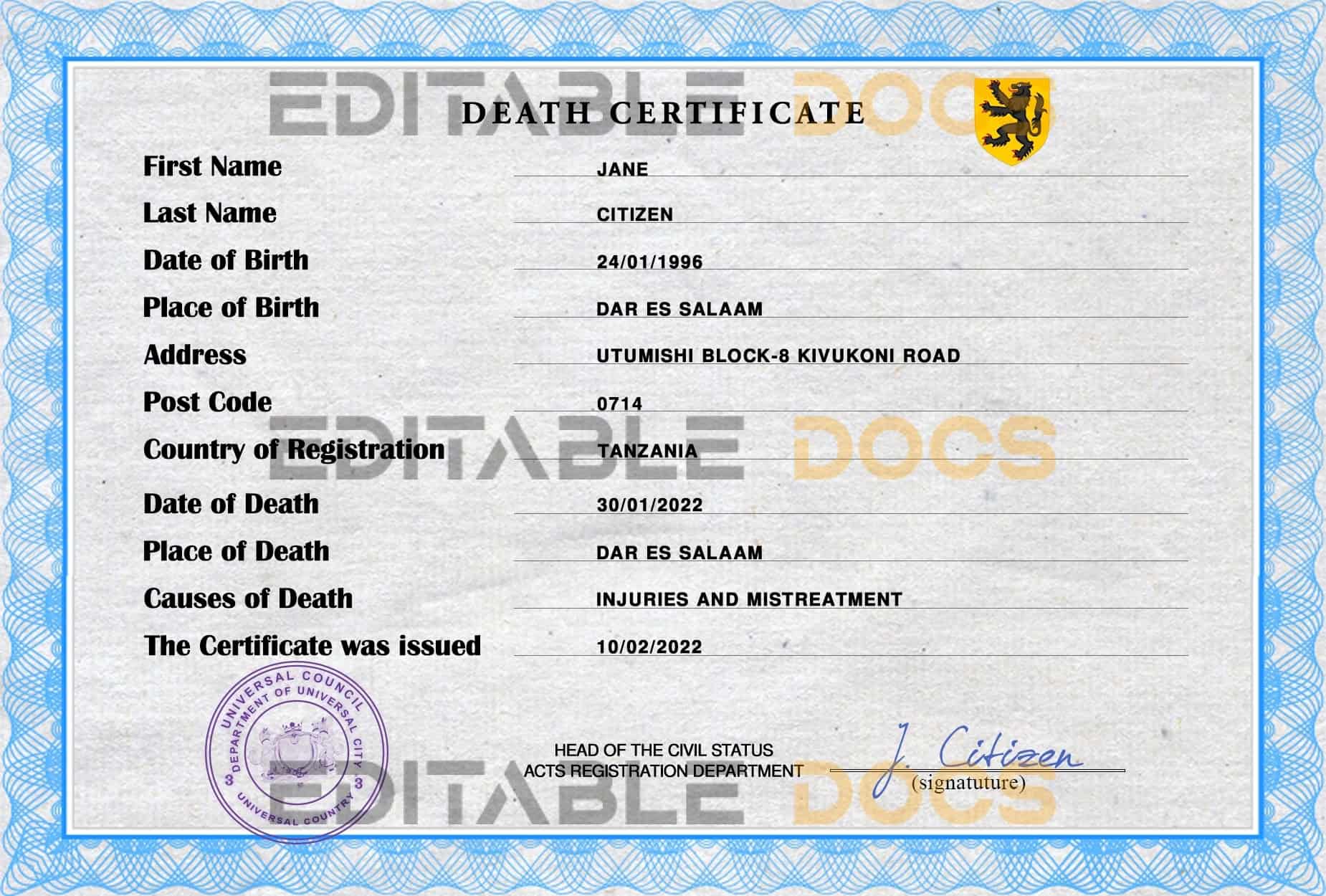 Customizable Wise Crowd Universal Death Certificate PSD Templates