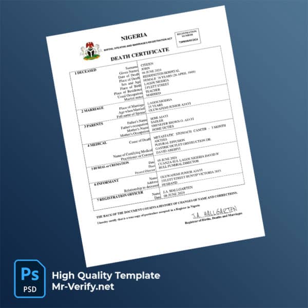 Nigeria death certificate word and pdf template