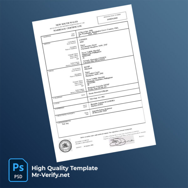 Australia New South Wales marriage certificate word and pdf template