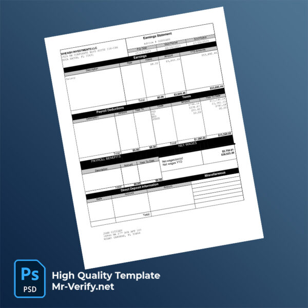 Wheash Investments LLC earning statement word and pdf template