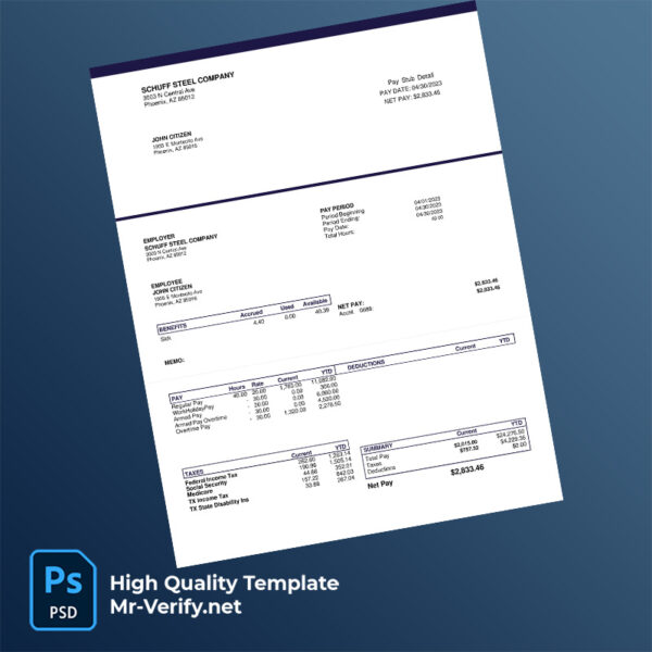 Schuff Steel Company pay stub word and pdf template