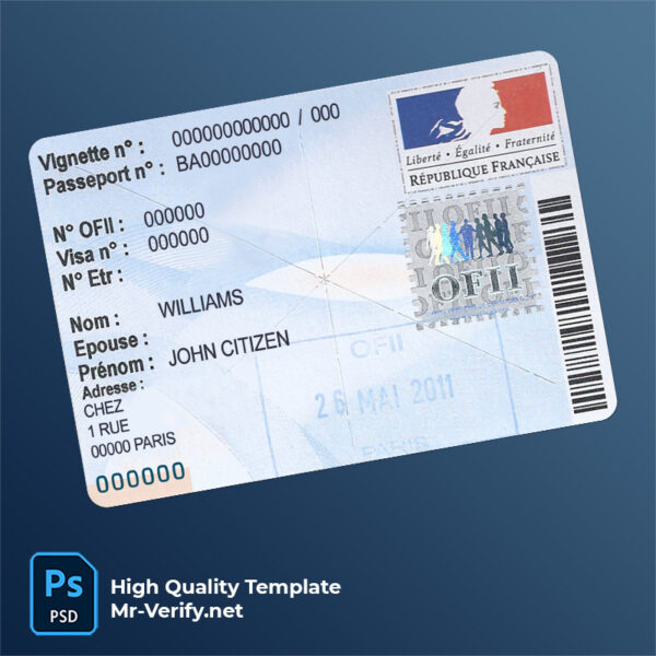 France-residency-OFII-visa-stamp-template-mr France residency OFII visa stamp template in PSD format, with fonts