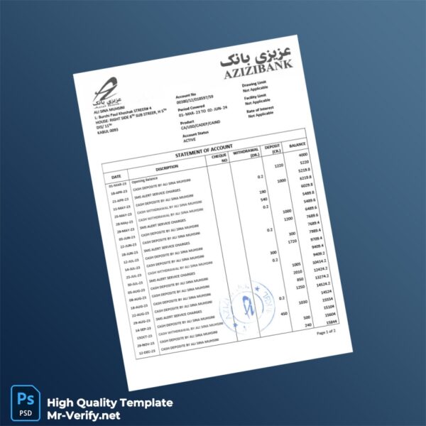 Afghanistan Azizi Bank Statement Template in Word and PDF formats