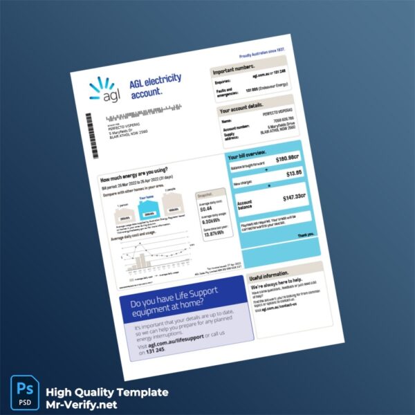 Australia AGL Editable Electricity Bill Template in Word and PDF formats Australia AGL Editable Electricity Bill Template in Word and PDF formats