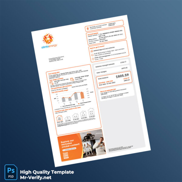 Australia Alinta Energy Editable Utility Bill Template in Word and PDF formats