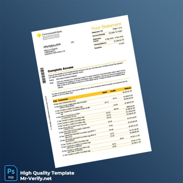 Australia Bank Statement Template in Word and PDF formats
