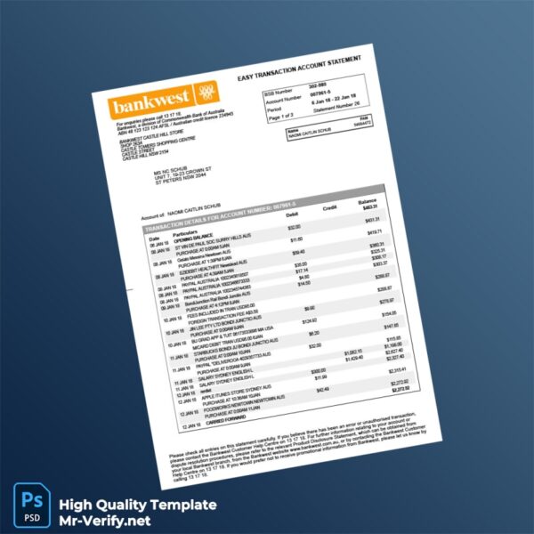 Australia Bankwest Bank Statement Template in Word and PDF formats