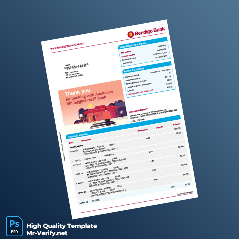 Australia Bendigo Bank Statement Template in Word and PDF formats Australia Bendigo Bank Statement Template in Word and PDF formats