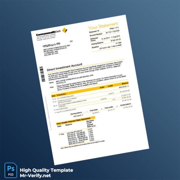 Australia Commonwealth Bank Statement Template in Word and PDF formats