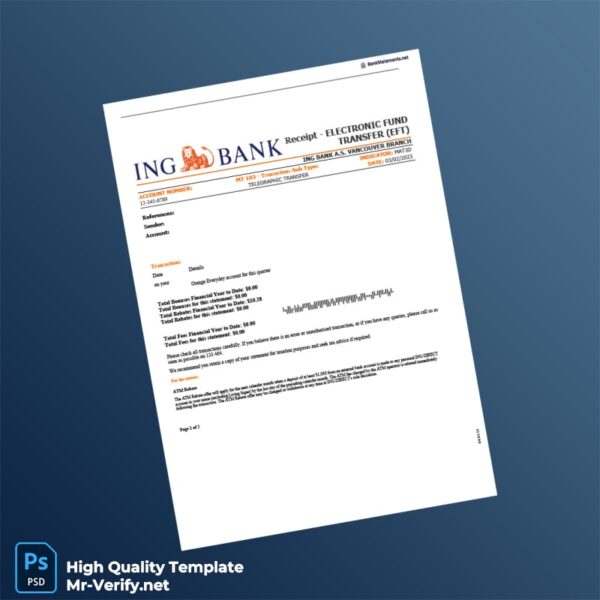 Australia ING Bank Statement Template in Word and PDF formats