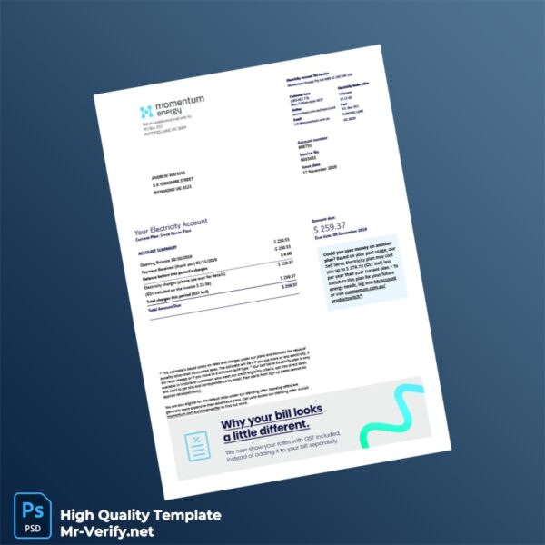 Australia Momentum Energy Editable Electricity Bill Template in Word and PDF formats Australia Momentum Energy Editable Electricity Bill Template in Word and PDF formats