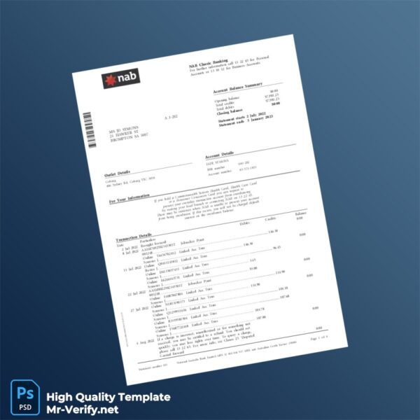 Australia NAB Bank Statement Template in Word and PDF formats