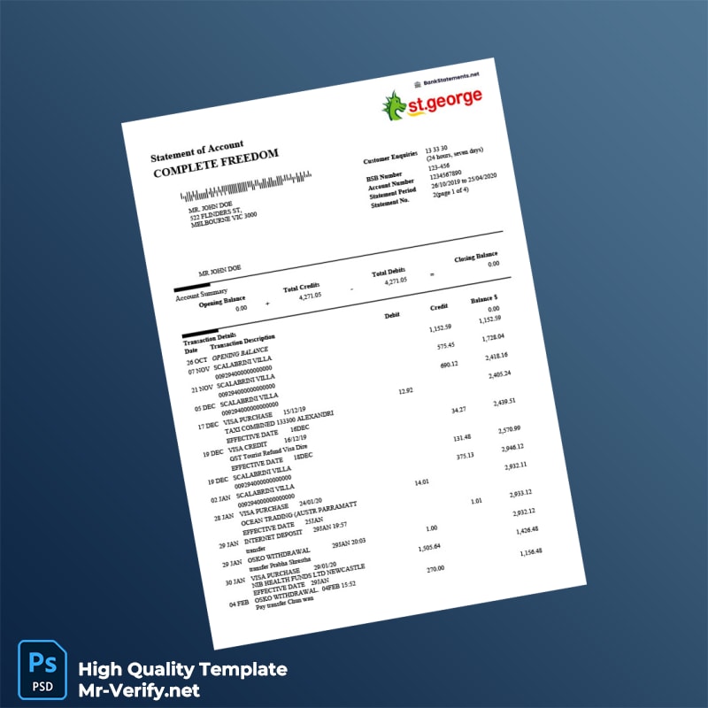 Australia St George Bank Statement Template in Word and PDF formats Australia St George Bank Statement Template in Word and PDF formats