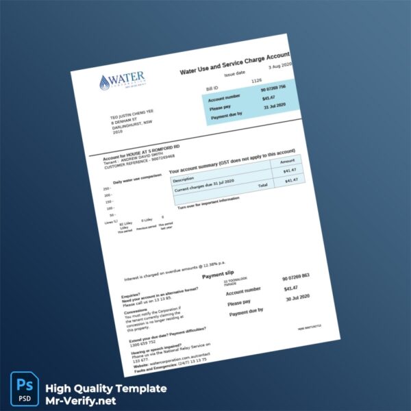 Australia Water Corporation Editable Water Bill Template in Word and PDF formats