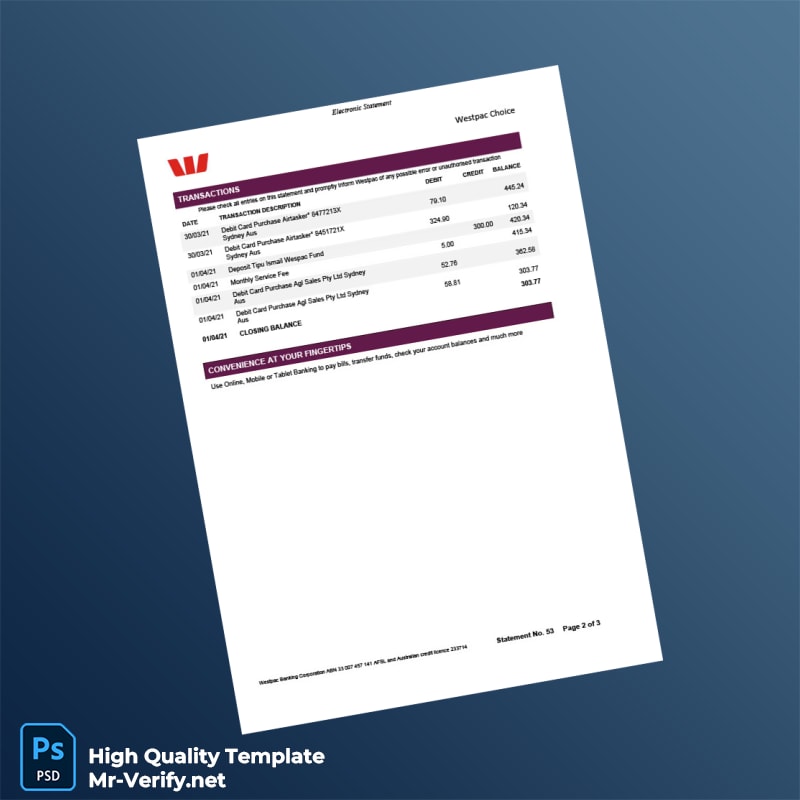 Australia Westpac Bank Statement Template in Word and PDF formats page 2 Australia Westpac Bank Statement Template in Word and PDF formats page 2