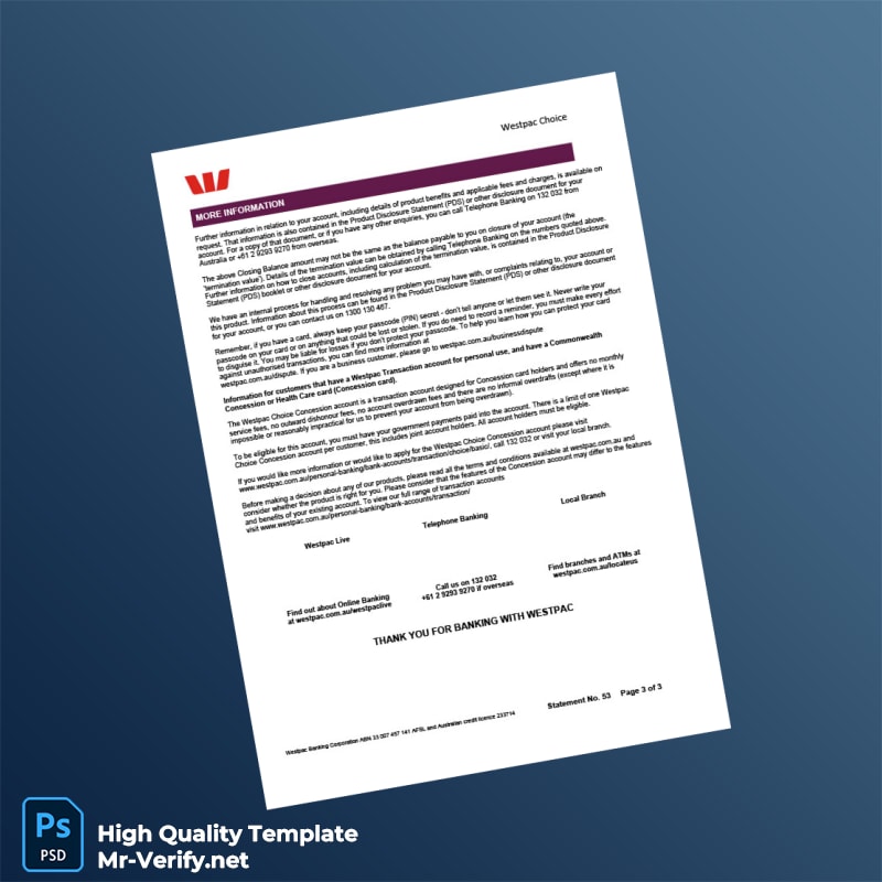 Australia Westpac Bank Statement Template in Word and PDF formats page 3 Australia Westpac Bank Statement Template in Word and PDF formats page 3