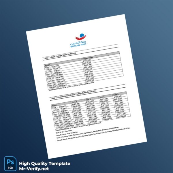 Bahrain Bahrain Post Editable Price Guide Template in Word and PDF formats