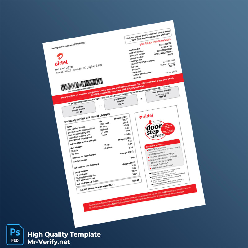 Bangladesh Airtel Editable Mobile Bill Template in Word and PDF formats Bangladesh Airtel Editable Mobile Bill Template in Word and PDF formats