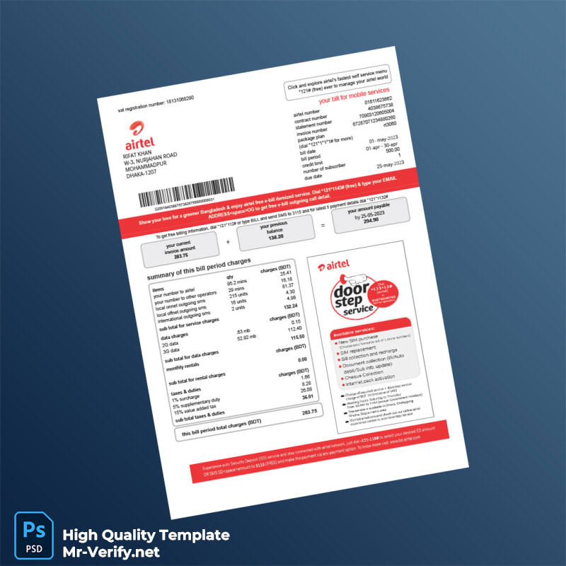Bangladesh Airtel Editable Phone Bill Template in Word and PDF formats Bangladesh Airtel Editable Phone Bill Template in Word and PDF formats