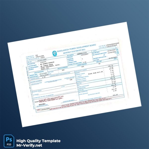 Bangladesh Bangladesh Power Development Board Editable Electricity Bill Template in Word and PDF formats