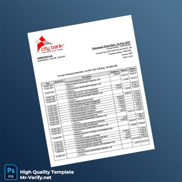 Bangladesh City Bank Account Statement Template in Word and PDF formats Bangladesh City Bank Account Statement Template in Word and PDF formats