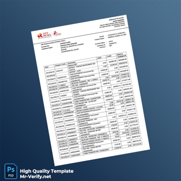 Bangladesh City Bank Limited Bank Statement Template in Word and PDF formats