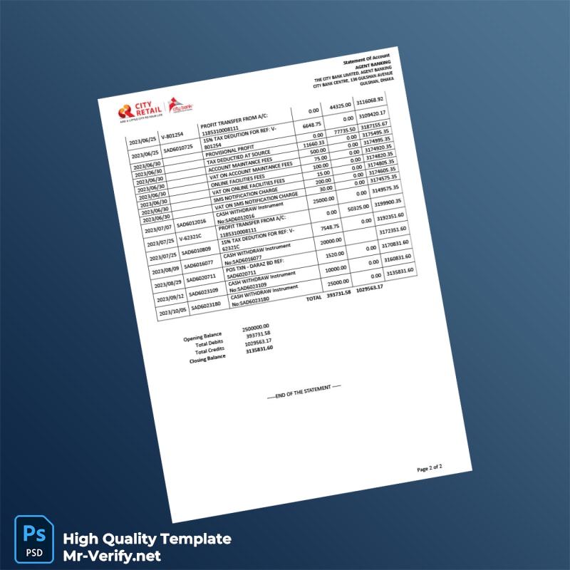 Bangladesh City Bank Limited Statement Template in Word and PDF formats page 2 Bangladesh City Bank Limited Statement Template in Word and PDF formats page 2