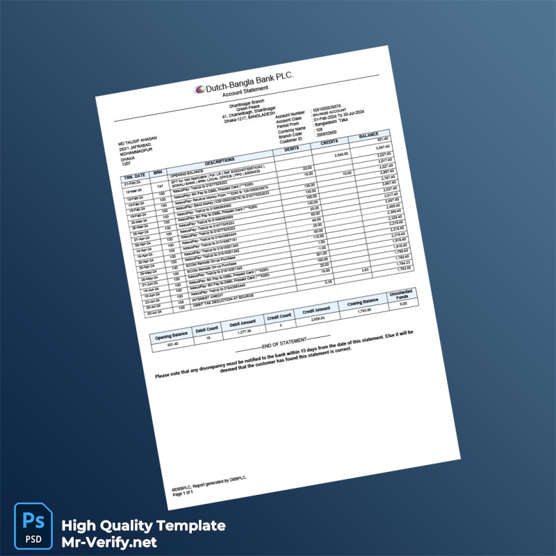 Bangladesh DBBL Bank Statement Template in Word and PDF formats Bangladesh DBBL Bank Statement Template in Word and PDF formats