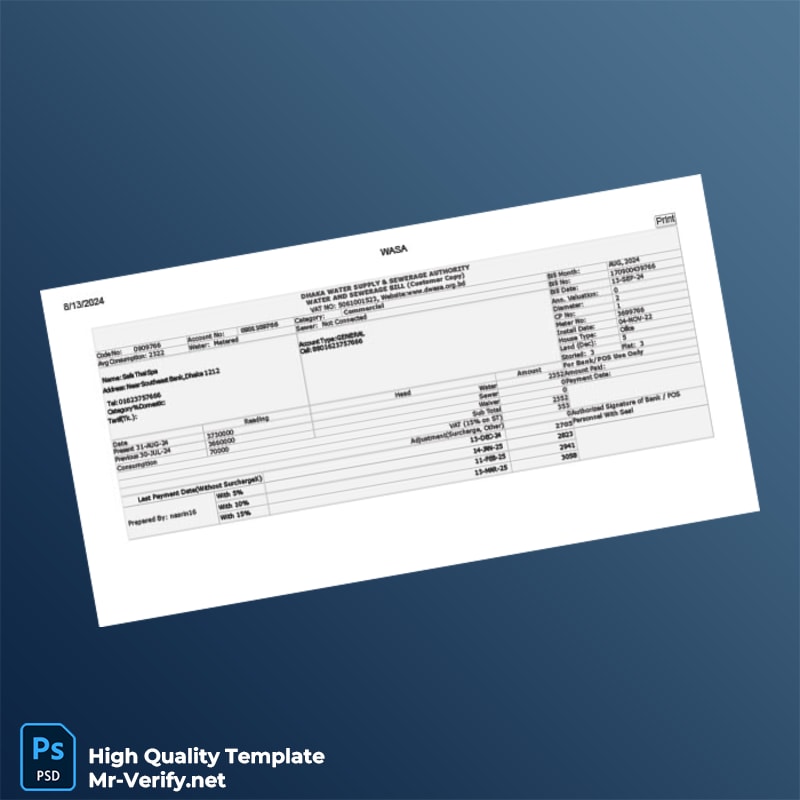 Bangladesh Dhaka Water Supply Sewerage Authority Editable Utility Bill Template in Word and PDF formats page 2 Bangladesh Dhaka Water Supply Sewerage Authority Editable Utility Bill Template in Word and PDF formats page 2