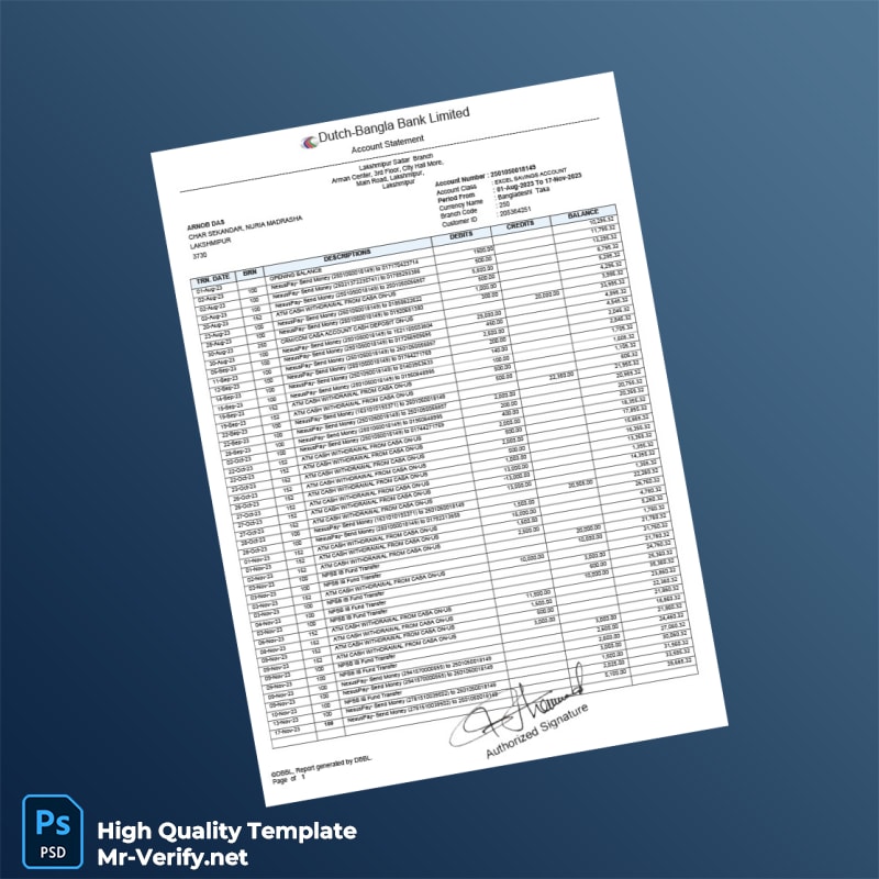 Bangladesh Dutch-Bangla Bank Limited Account Statement Template in Word and PDF formats Bangladesh Dutch-Bangla Bank Limited Account Statement Template in Word and PDF formats