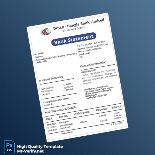 Bangladesh Dutch Bangla Bank Statement Template in Word and PDF formats Bangladesh Dutch Bangla Bank Statement Template in Word and PDF formats