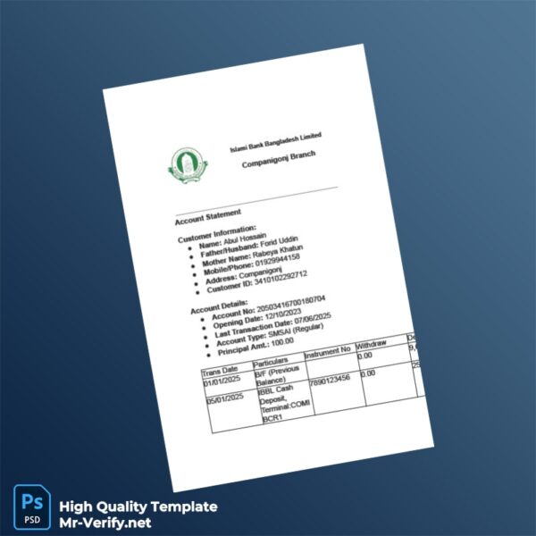 Bangladesh Islami Bank Limited Editable Account Statement Template in Word and PDF formats