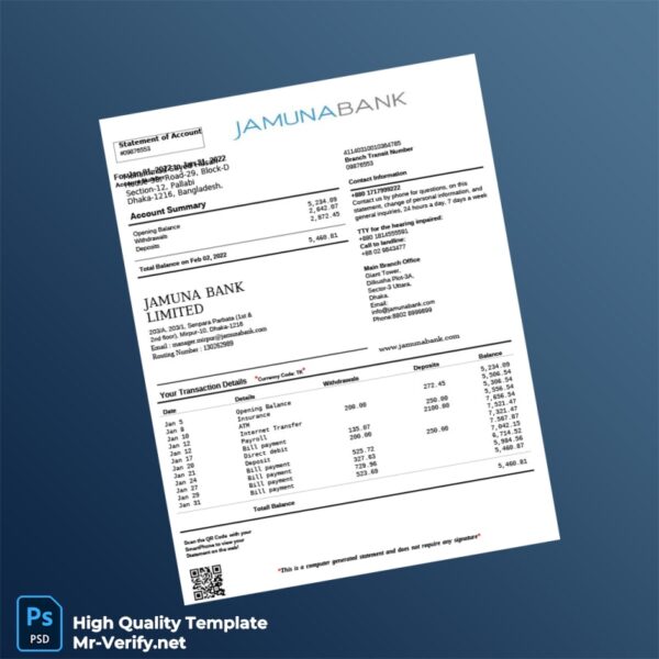 Bangladesh Jamuna Bank Account Statement Template in Word and PDF formats Bangladesh Jamuna Bank Account Statement Template in Word and PDF formats