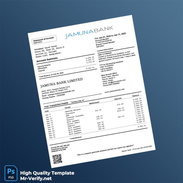 Bangladesh Jamuna Bank Bank Statement Template in Word and PDF formats