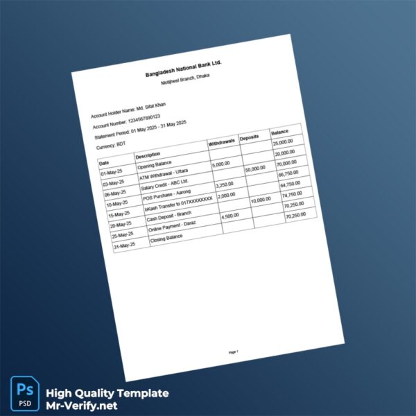 Bangladesh National Bank Bank Statement Template in Word and PDF formats