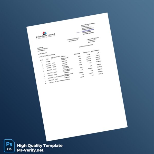 Bangladesh Prime Bank Statement Template in Word and PDF formats