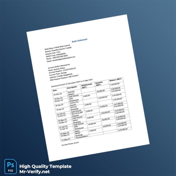 Bangladesh Pubali Bank Limited Bank Statement Template in Word and PDF formats Bangladesh Pubali Bank Limited Bank Statement Template in Word and PDF formats