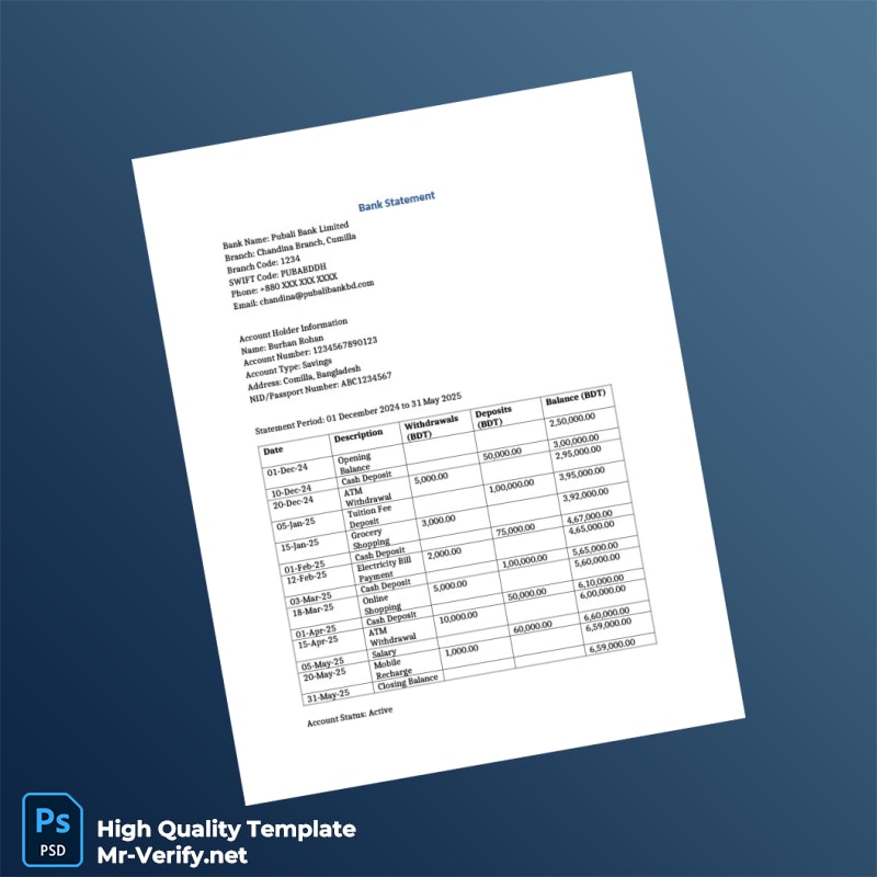 Bangladesh Pubali Bank Limited Bank Statement Template in Word and PDF formats Bangladesh Pubali Bank Limited Bank Statement Template in Word and PDF formats