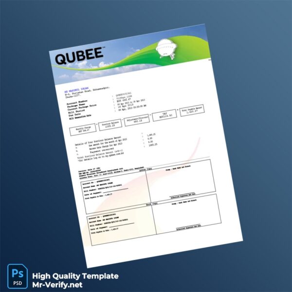 Bangladesh Qubee Editable Utility Bill Template in Word and PDF formats