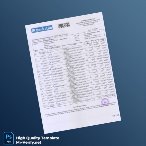Bangladesh Savings Bank Account Statement Template in Word and PDF formats