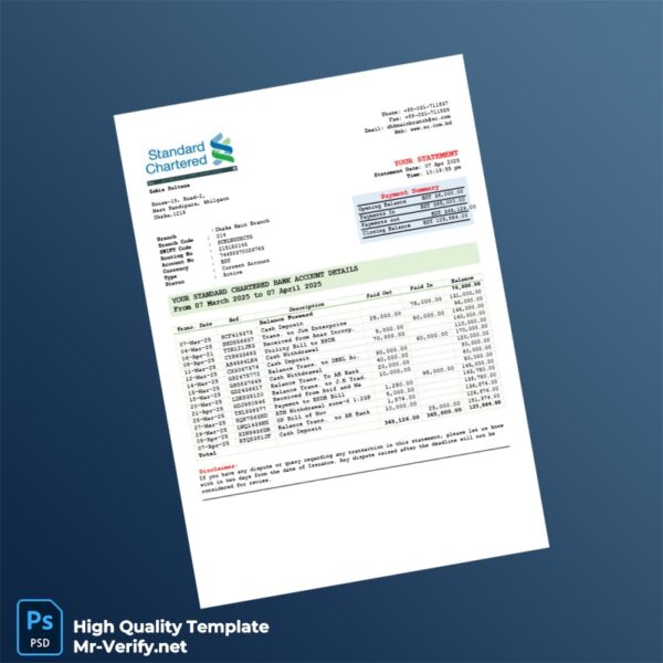 Bangladesh Standard Chartered Bank Editable Bank Statement Template in Word and PDF formats