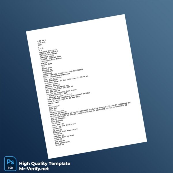 Bangladesh Standard Chartered Editable Bank Statement Template in Word and PDF formats