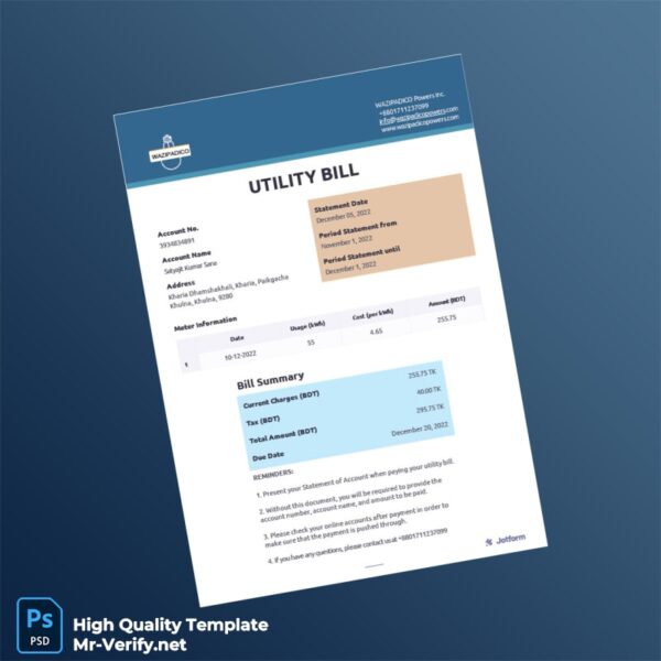 Bangladesh WAZIPADICO Powers Inc Editable Utility Bill Template in Word and PDF formats Bangladesh WAZIPADICO Powers Inc Editable Utility Bill Template in Word and PDF formats