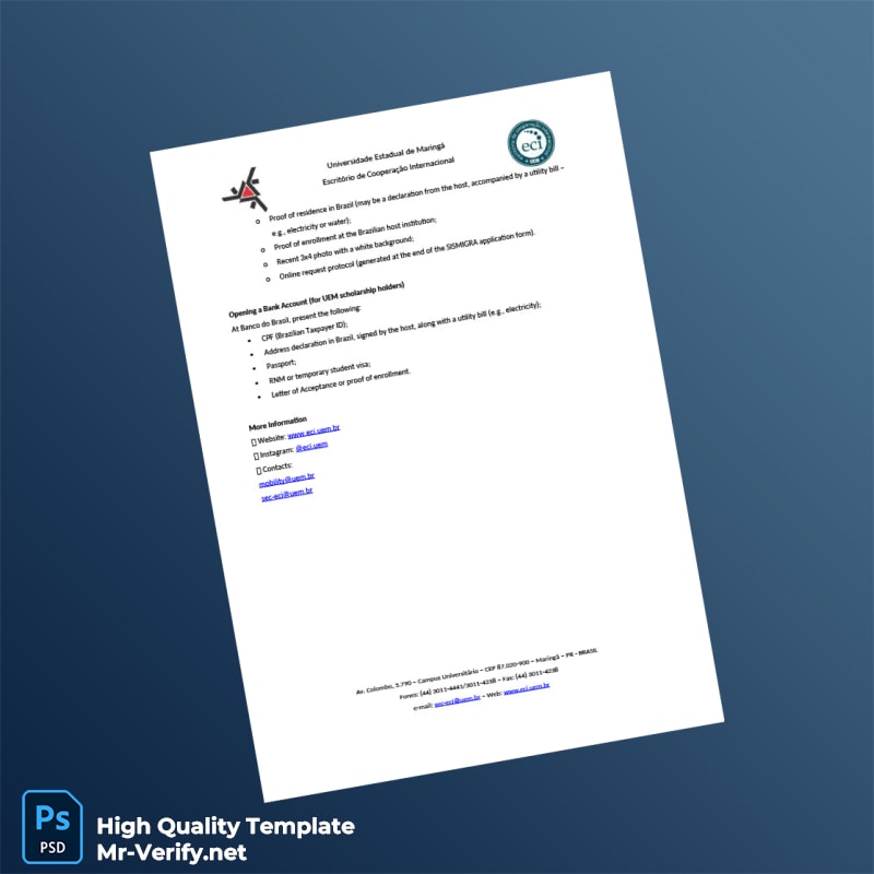 Brazil Universidade Estadual de Maringá Editable Inbound Mobility Document Template in Word and PDF formats page 2 Brazil Universidade Estadual de Maringá Editable Inbound Mobility Document Template in Word and PDF formats page 2