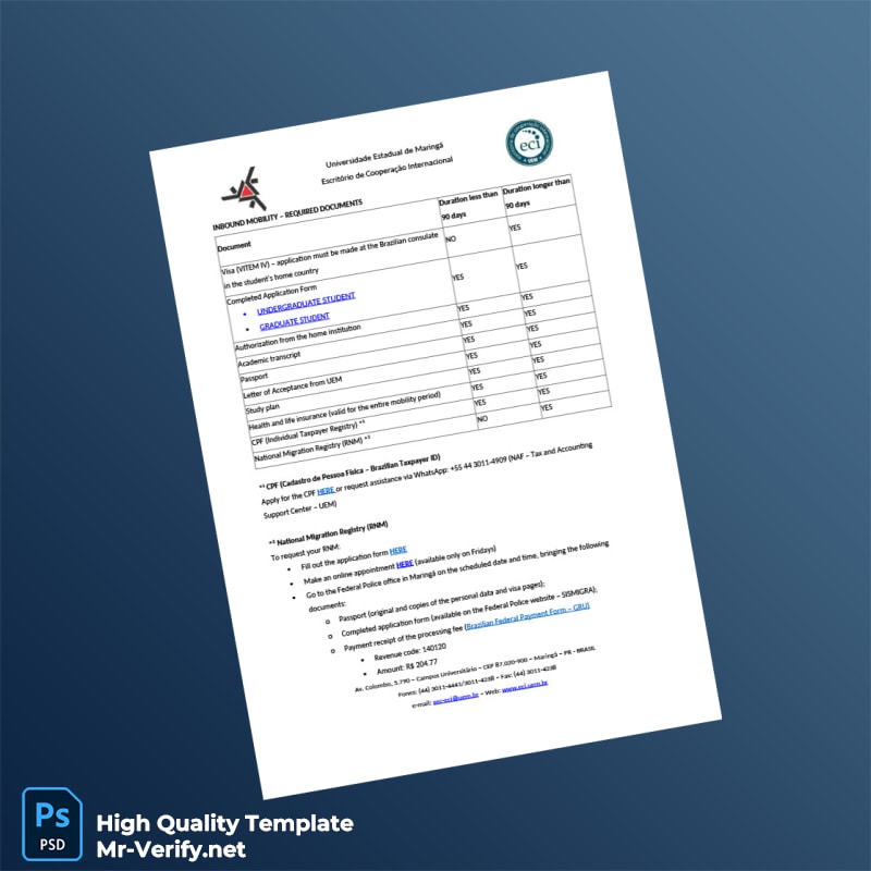 Brazil Universidade Estadual de Maringá Editable Inbound Mobility Document Template in Word and PDF formats Brazil Universidade Estadual de Maringá Editable Inbound Mobility Document Template in Word and PDF formats