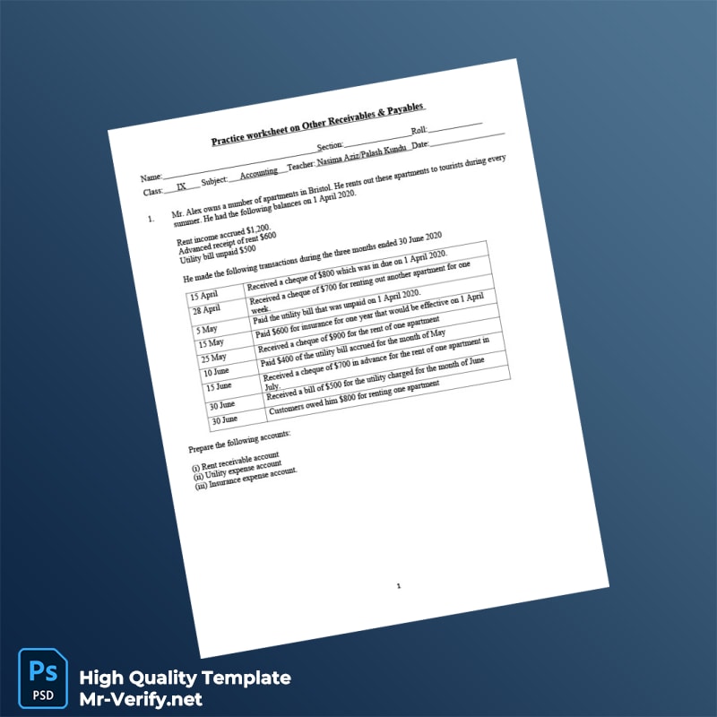 Bristol Editable Practice Worksheet On Other Receivables Payables Template in Word and PDF formats Bristol Editable Practice Worksheet On Other Receivables Payables Template in Word and PDF formats