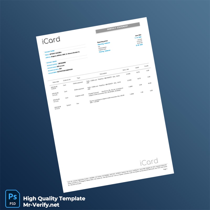 Bulgaria iCard Bank Statement Template in Word and PDF formats Bulgaria iCard Bank Statement Template in Word and PDF formats