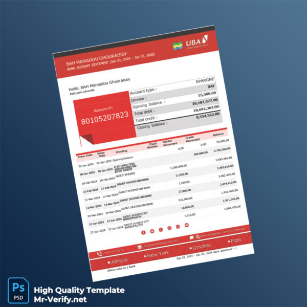 Cameroon UBA Bank Statement Template in Word and PDF formats